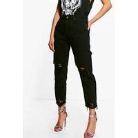 High Rise Destroyed Hem Boyfriend Jeans - black