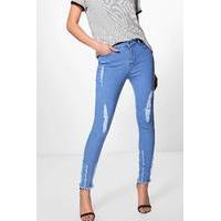 High Waist Destroyed Hem Tube Jeans - blue