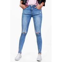 High Rise Distressed Split Leg Jeans - blue