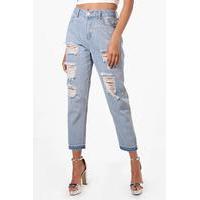 High Waist Displaced Pocket Mom Jeans - blue