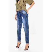 High Rise Distressed Boyfriend Jeans - indigo