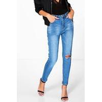 High Rise Skinny Jeans With Zips - mid blue