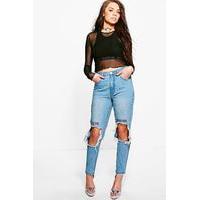 High Waist Embroidered Slim Fit Moms Jeans - blue