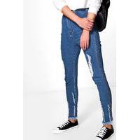 high rise destroyed hem tube jeans blue