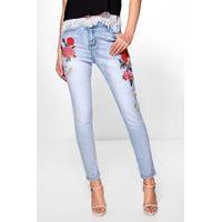 High Rise Heavy Embroidery Skinny Jeans - blue