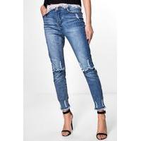 high rise destroyed knee hem skinny jeans mid blue