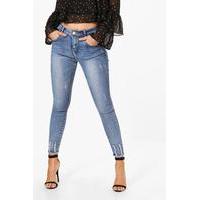 High Waist Destroyed Hem Skinny Jeans - mid blue