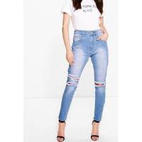 High Waisted Shredded Knee Skinny Jeans - blue