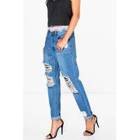 High Waist Distress Boyfriend Jeans - mid blue