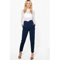 High Waist Slim Fit Crepe Trousers - navy