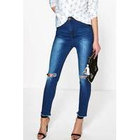 High Rise Busted Knee Skinny Jeans - blue