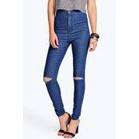 High Rise Ripped Knee Tube Jeans - indigo