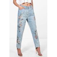 high rise embroidered mom jeans blue