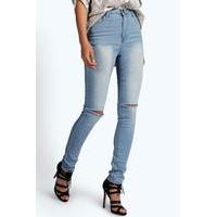 high waisted split knee skinny jeans pale blue