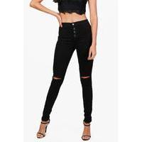 High Waisted Button Fly Skinny Jeans - black