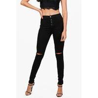 high waisted button fly skinny jeans black