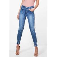 high rise destroyed hem skinny jeans blue