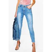 High Waisted Paint Splash Skinny Jeans - mid blue