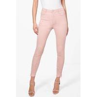 high waist destroyed hem skinny jeans antique rose