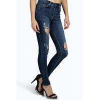 High Rise Distressed Knee Skinny Jeans - dark blue