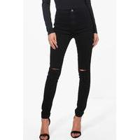 high rise rip knee disco skinny jeans black