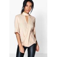 High Neck Cut Out Choker Wrap Front Blouse - stone
