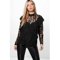 High Neck Lace Sleeve Blouse - black