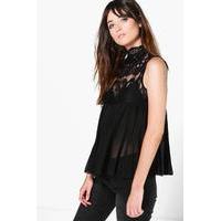 high neck lace sleeveless pleated blouse black