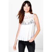 high neck lace sleeveless pleated blouse white