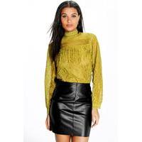 High Neck Lace Tassel Trim Blouse - olive