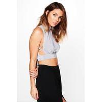 high neck lace up open crop grey