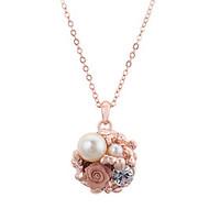 HKTC Party Jewelry 18k Rose Gold Plated Simulated Pearl Crystal Flower Pendant Necklace