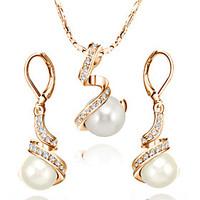 HKTC Mother\'s Day Gift 18k Rose Gold Plated Crystal White Simulated Pearl Earrings and Necklace Set