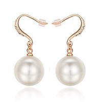 HKTC Concise Jewelry 18k Rose Gold Plated Big White Simulated Pearl Wedding Dangle Earrings
