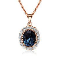 HKTC 18k Rose Gold Plated with Rhinestones Surrounded Blue Sapphire Crystal Pendant Necklaces