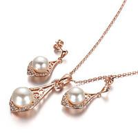 HKTC Noble Bridal Jewelry 18k Rose Gold Plated Crystal Simulated Pearl Waterdrop Earrings and Necklace Set