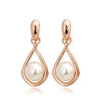 HKTC Concise Jewelry Shinning 18k Rose Gold Plated White Simulated Pearls Drop Earrings