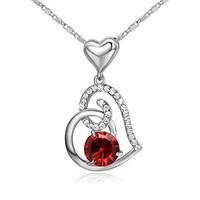 HKTC Lovely Gift Ruby Jewelry 18k White Gold Plated Red Crystal Simulated Diamond Heart to Heart Pendant Necklace