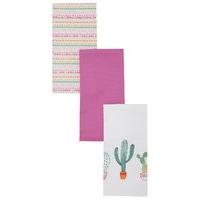 Home Cactus Print Tea Towel Three Pack 100% Cotton Kitchen Dish Towel - Pink