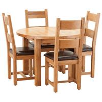 Hoxton Solid Oak Round 100-140cm Table with 4 Horizontal Slatted Leather Chairs