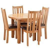 Hoxton Solid Oak Round 100-140cm Table with 4 Vertical Slatted Leather Chairs
