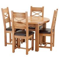 hoxton solid oak round 100 140cm table with 4 crossed back leather cha ...