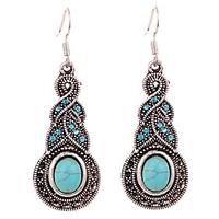 Hot Sale 2016 Vintage Ethnic Style Bohemia Tibetan Silver Plated Turquoise Gourd Flower Drop Earrings For Women