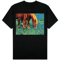 horses grazing among bluebonnets