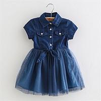 Hot Selling Baby Clothes Girl Clothes Denim Short-Sleeved Summer Dress Clothes Denim Jeans Stitching Gauze Dress