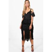 Holly Crochet Lace Open Shoulder Midi Dress - black