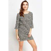 Houndstooth Printed Flare Sleeve Mini Dress