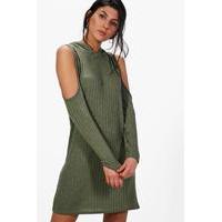 hooded rib knit dress khaki