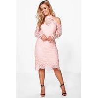 Holly Crochet Lace Open Shoulder Midi Dress - blush