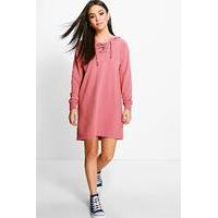 Hoodie Lace up Sweat Dress - antique rose